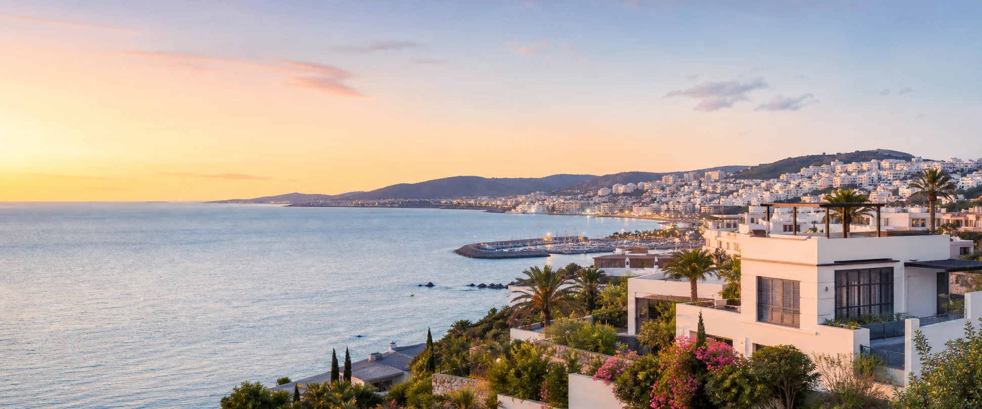Littoral marocain et résidences contemporaines dans la lumière du soir